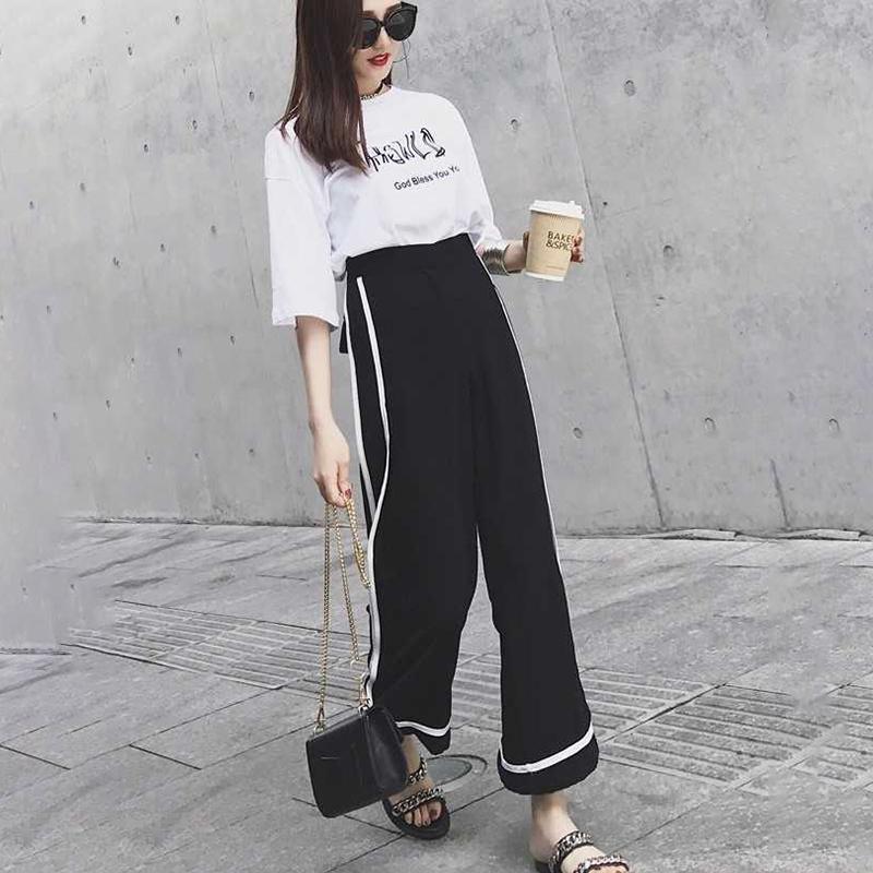 Women's Loose Round Neck Short-sleeved T-shirt Casual Elastic Waist Wide-leg Pants Two-piece Suit Women Summer Casual Home Service