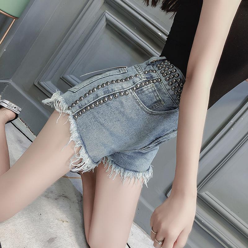 WTEMPO Women Burrs Rivet High Waist Zipper Denim Shorts Loose Spring and Summe Casual Shorts