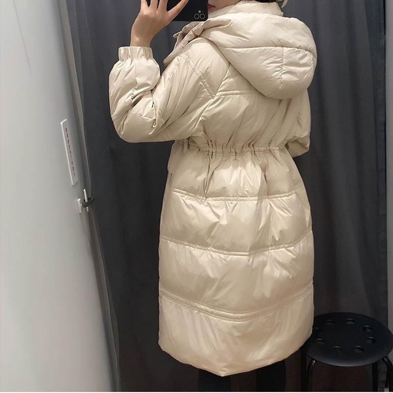 Women's Down Jacket Over-the-knee White Duck Down Mid-length Padded Waist Hooded Jacket