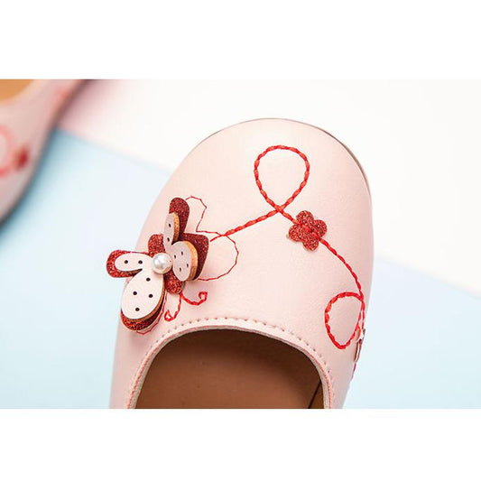 Girl's Soft Soled Beads and Butterflies Decoration Breathable Single Shoes Girls' Non Slip Solid Color Princess Shoes