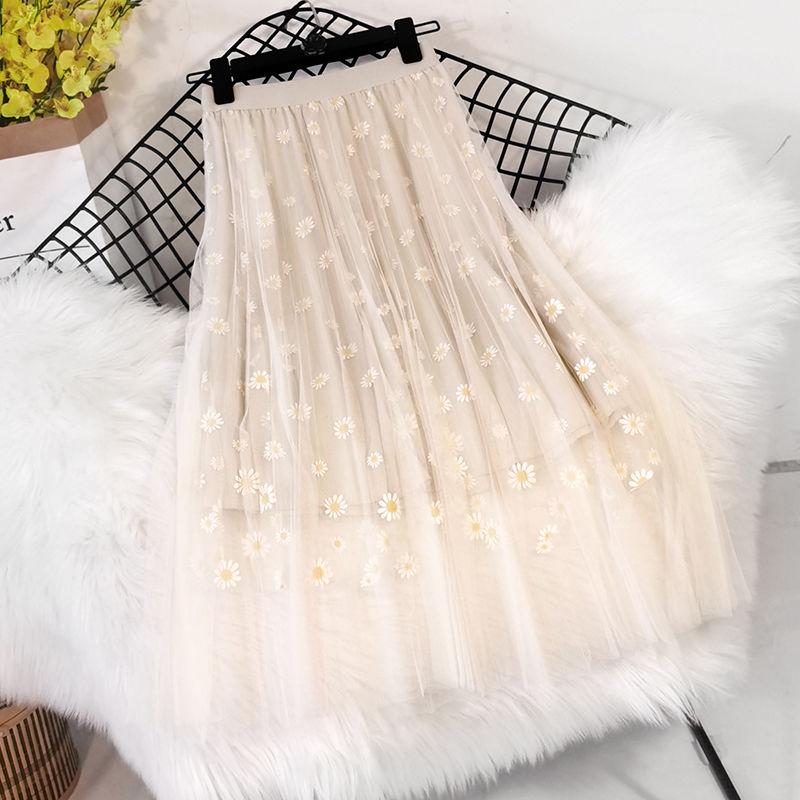 Woman Mesh Fairy Skirt Small Daisy Flower Print High Waist Slim A-line Skirt 3 Layers Medium Length Pleated Skirt