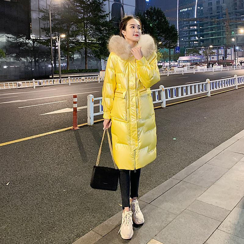 Big Fur Collar Yellow Down Padded Jacket Women Mid-length Over The Knee Thickened Small Winter Jacket