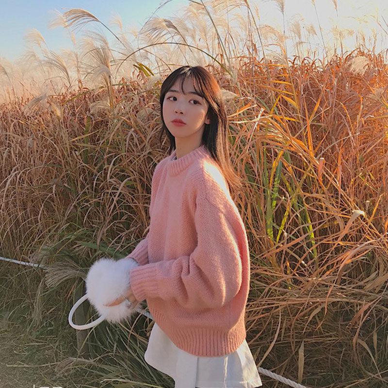 Girly Loose Skin-friendly Sweater Loose Solid Color Crew Neck Bottoming Knitwear ThickenTop