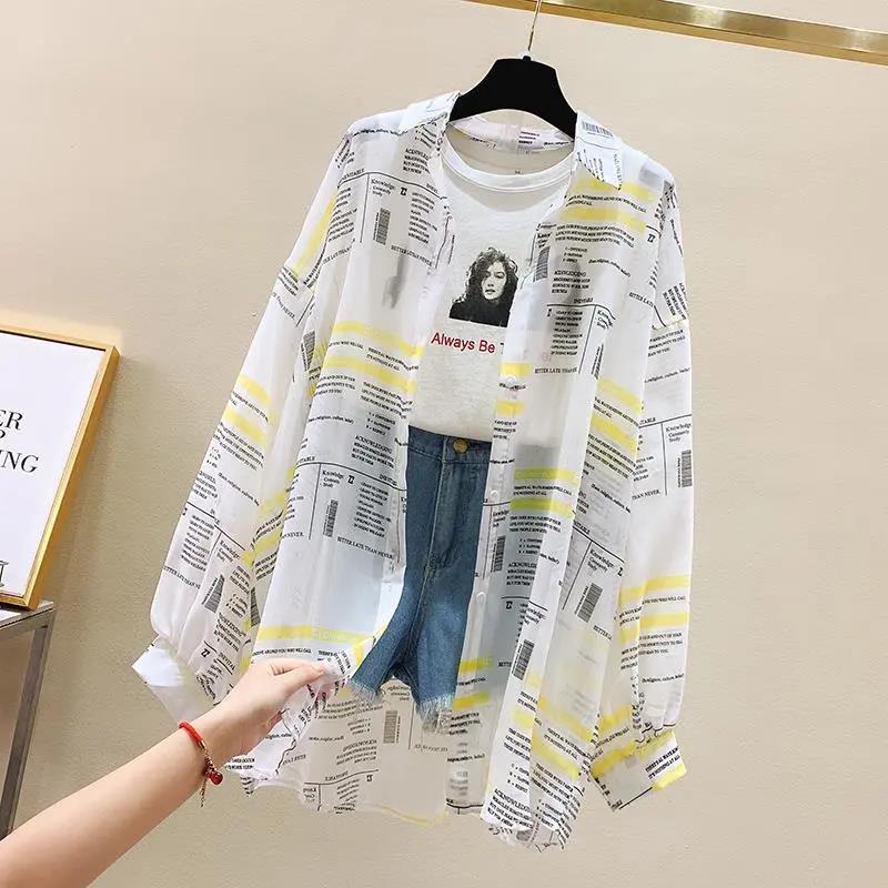 Women Summer Shirt Vintage Long Sleeve Chiffon Cardigan Sunscreen Slim Letter Print Thin Versatile Sunscreen Shirt