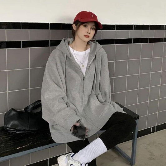 Spring and Summer Loose Streetwear Hip Hop Oversize Style Thin Coat Female Ins Top Student Long Sleeve Zipper Hooded Sweater