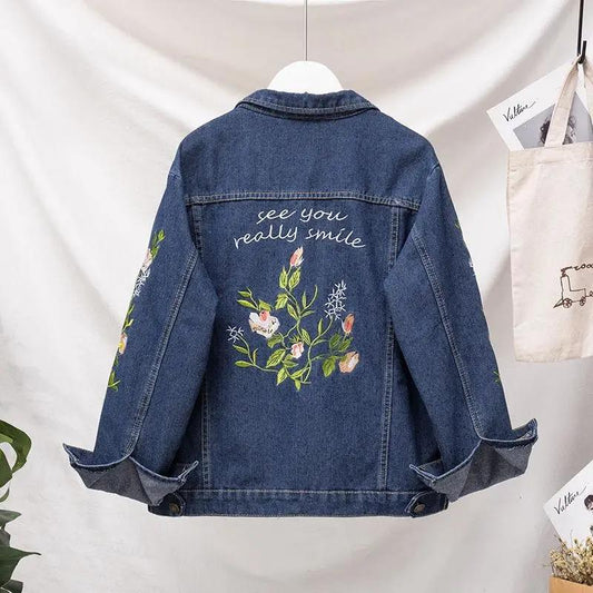 Plus Size Women's Flower Embroidered Denim Jacket Female Spring and Autumn Loose Student Jacket Top