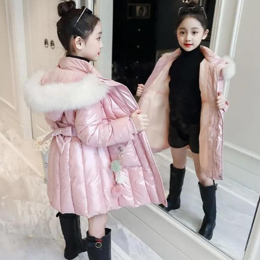 Girls' Cotton-padded Clothes Mid-length Girls' Thick Down Jackets Winter Clothes Shiny Children's Clothes Disposable Jackets