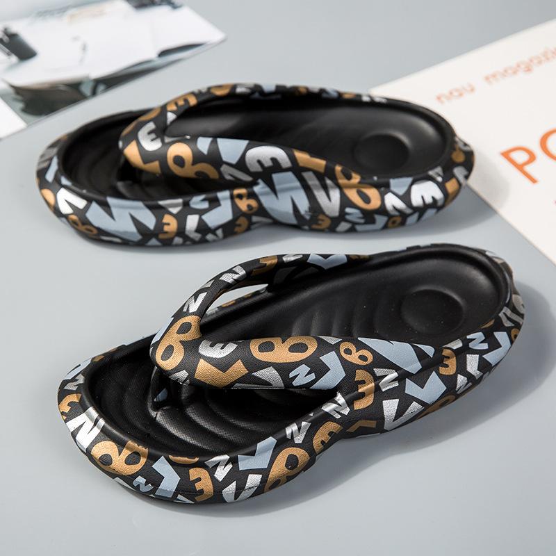 Spring Summer Large Size Soft Printed Couple Slippers Women's and Men's Color Matching Soft Sole Flat Beach Flip Flops