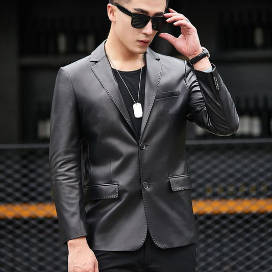 Fashion City Men's Leather Jacket Autumn and Winter Fashion Trend Slim Thickening Plus Velvet Warm Sheepskin Jacket