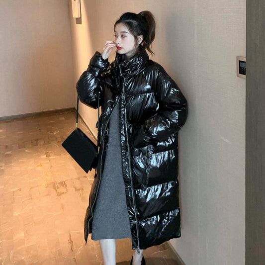 Glossy Cotton Jacket Women's Stand-up Collar Over The Knee Long Loose and Thick Warm Quilted Jacket Coat Bread Winter Warm Jacket