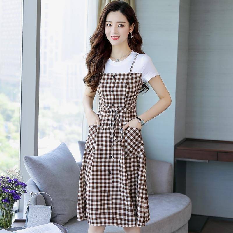 Plaid Dress Female Summer Over The Knee Suspender Skirt Waist Small Fresh A-line Skirt Waist Slimming Round Neck Short-sleeved Simple Dress