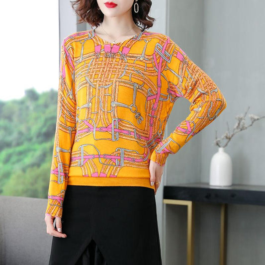 Plus Size Women Woollen Sweater Printed Knitted Pullover Sweaters O-Neck Loose Warm Jumper Outwear