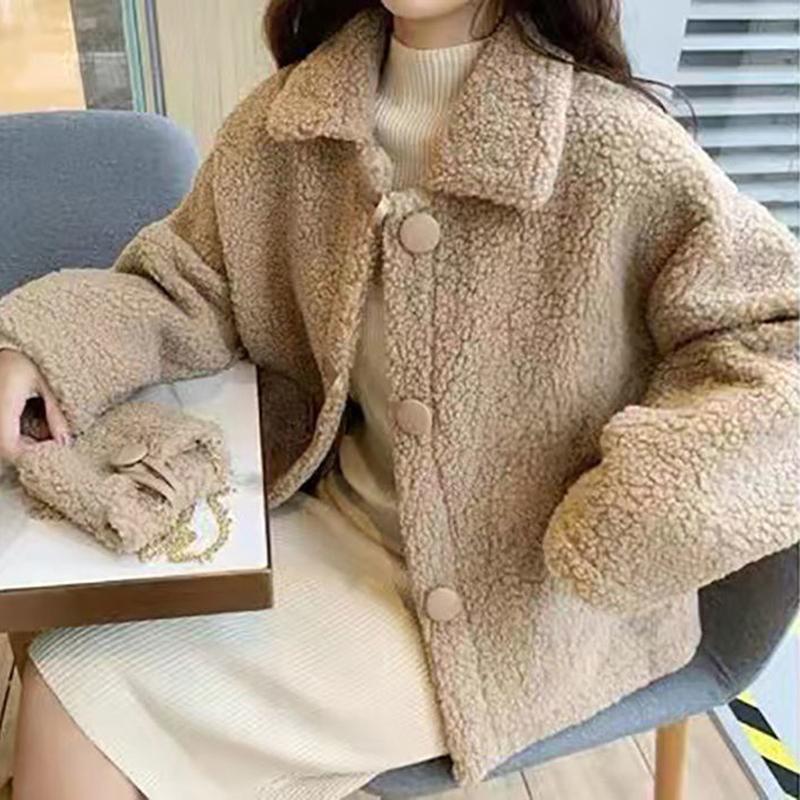 White Sweet Faux Lamb Wool Jacket Women Plus Velvet Thick Autumn and Winter Loose Sweater Warm Cardigan Jacket Casual Jacket