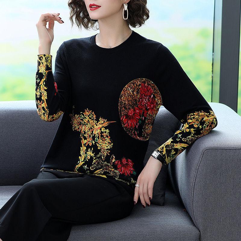 Women's High-end Cashmere Sweater Vintage Ethnic Printed Woollen Sweater Knit Bottoming Sweater Autumn Winter Plus Size Loose Jumper
