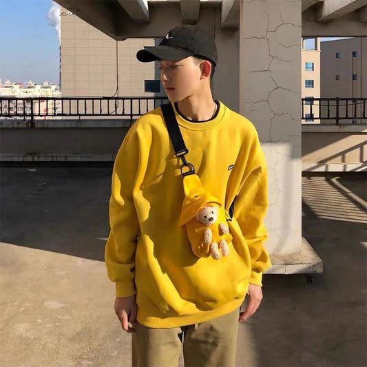 Little Bear White Sweater Female Spring and Autumn Thin Round Neck Loose Middle School Student Jacket + Bag
