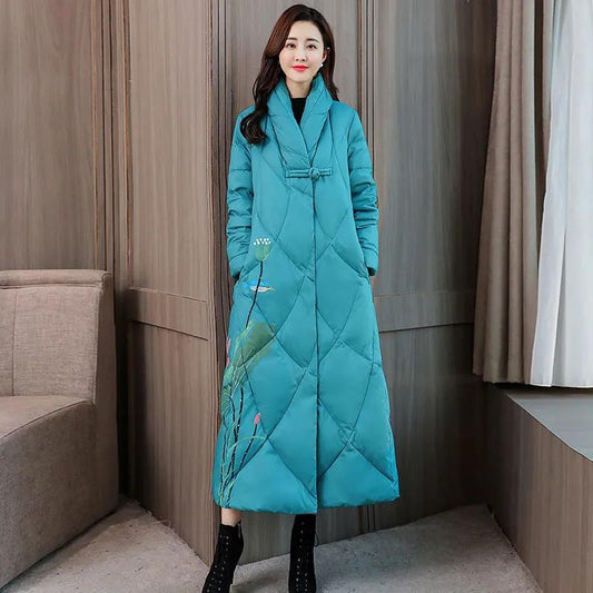 Chinese Style Cotton-padded Jacket Women's Retro Printing Was Thinner Mid-length Cotton-padded Jacket Ethnic Wind Over The Knee Coat
