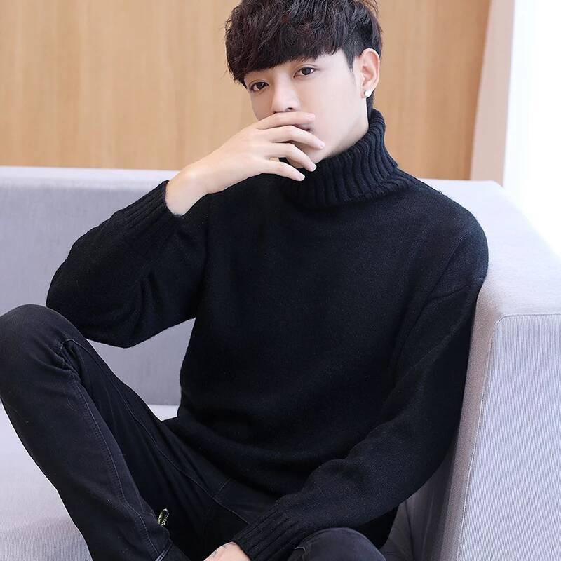 Men's Turtleneck Pullover Sweater Solid Color Long Sleeve Round Neck Jacket All-match Fashion Casual Coat