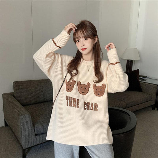 Autumn Winter Women Fashion Bear Sweater Casual Knitting Sweater Round Neck Pullovers Loose Casual Long Sleeve Sweater