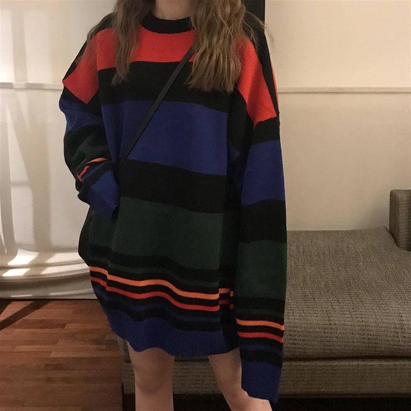 Pofulove Autumn Winter Colorful Striped Sweater Women's Mid-length Round Neck Loose Pullover Coat