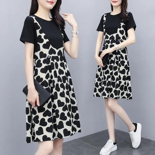 1 Pcs Stitching Short Sleeve Dress Plus Size Women's Clothing Spring Summer S-XXXL Loose Love Heart Shape Print