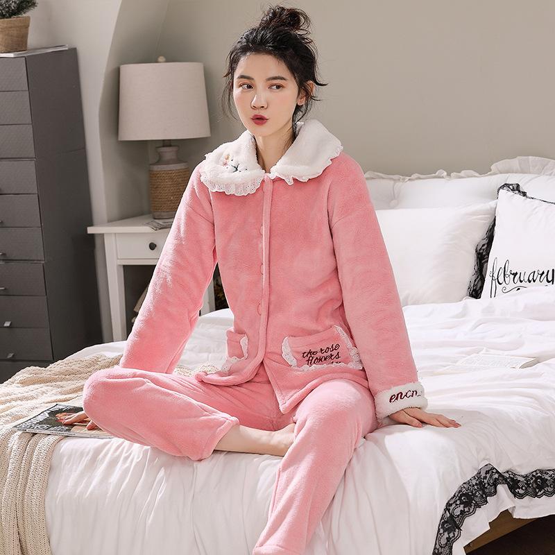 Women Flannel Pajamas Suit Winter Sleepwear Thick Velvet Coral Fleece Home Wear Long Sleeve Pyjamas Set Turn-down Collar Top Pants Sets