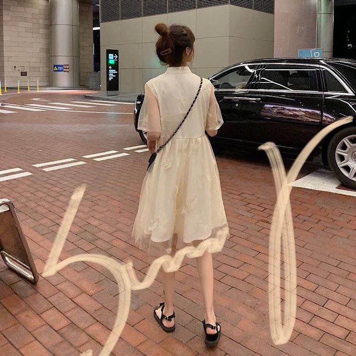 Pofulove S-4XL Women O-neck Feather Mesh Dress Loose Slim Sweet Short-sleeved Dress Short Cheongsam