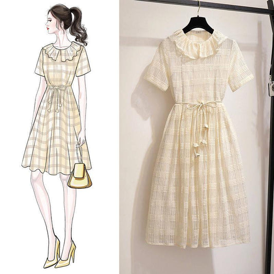 Vintage Dress Summer Peter Pan Collar Short Sleeve Lace A-line Dress Belted Pleated Dress