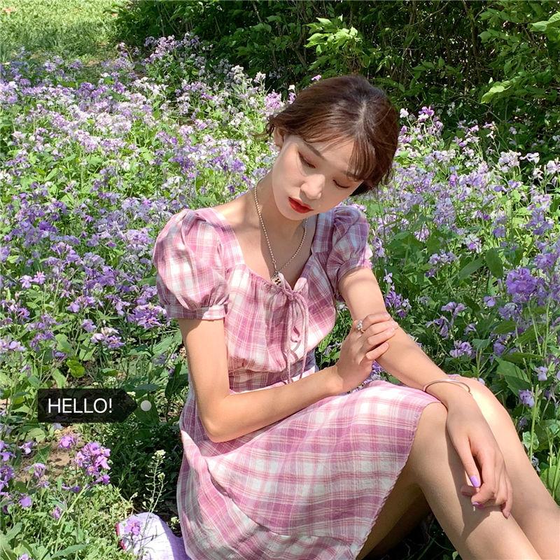 Summer French Elegant Square Neck Bubble Sleeve Plaid Dress Female Waist Slim Short Vacation Dress