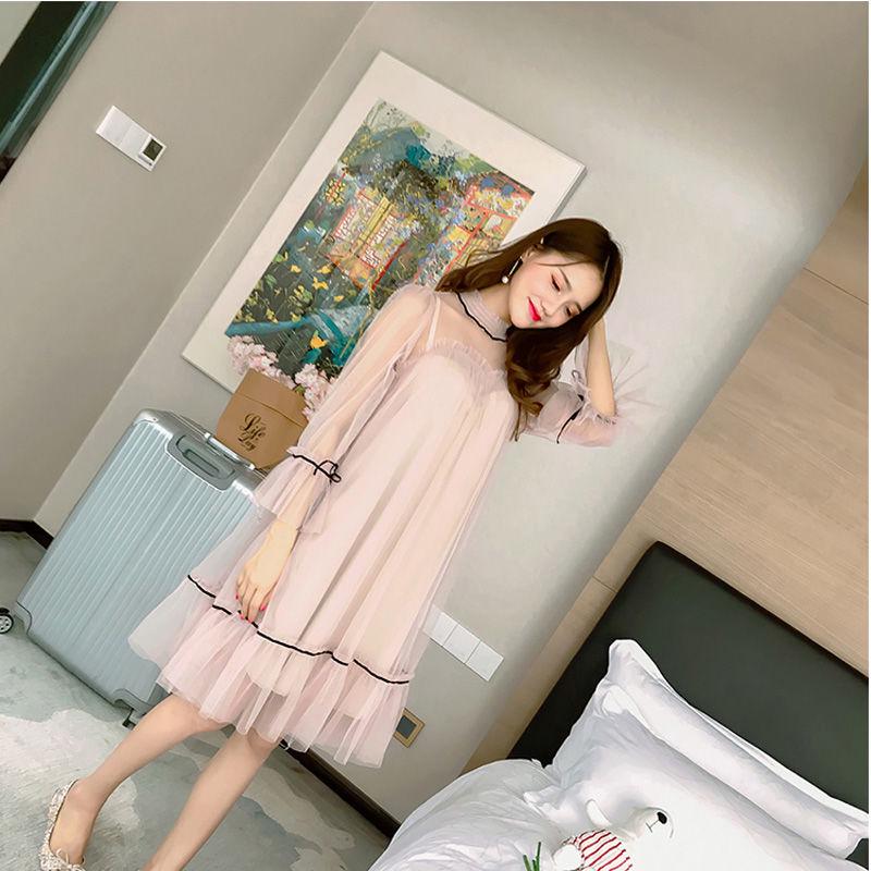 Plus Size Slim Skirt Woman Wild Mid-length Dress Long-sleeved Mesh Dress Spring and Autumn