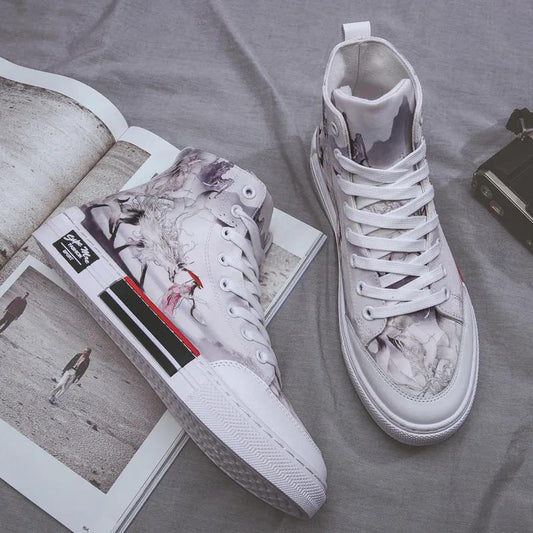 Summer Men's Shoes Net Red Graffiti High-top Canvas Shoes Men's Korean Style Trendy Shoes Men's All-match Casual Sneakers