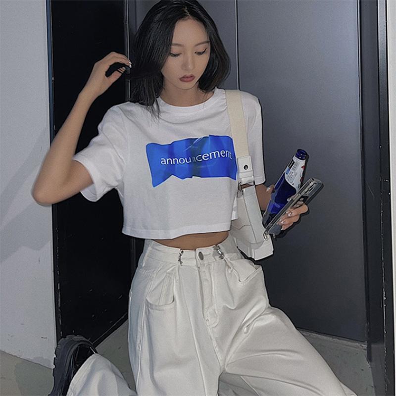 Cotton Summer Thin Section Cotton Solid Color Short-sleeved T-shirt Women's Korean Version Loose Short High-waisted Top Trendy