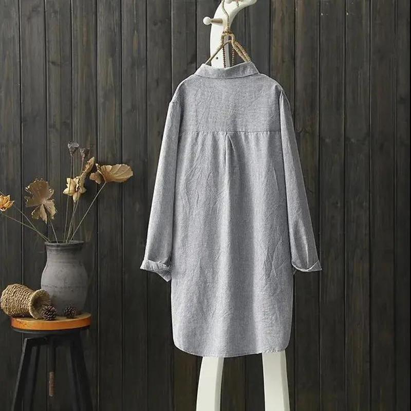 Embroidered Mid-length Long-sleeved Cotton Shirt Women's Pinstripe All-match Literary and Artistic Large Size Loose Shirt Top
