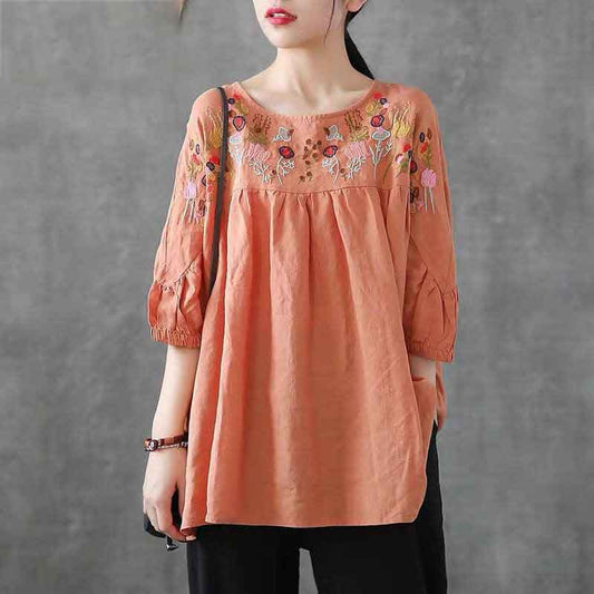 Retro Embroidered Round Neck Short Sleeve T-Shirt Women's Loose Shirt Summer Half Sleeve Cotton Top