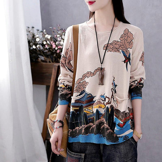Vintage Literary Print Long-sleeved Sweater Women Fall/winter Oversized Knit Sweater Outwear Pullover Jumper Top with Pocket