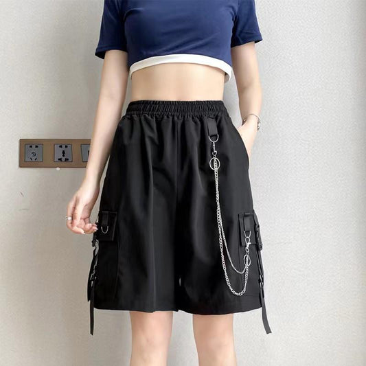 Overalls Shorts Female Summer Student Street Hip-hop Loose Punk Shorts All-match Straight High-waisted Five-point Wide-leg Pants Unisex