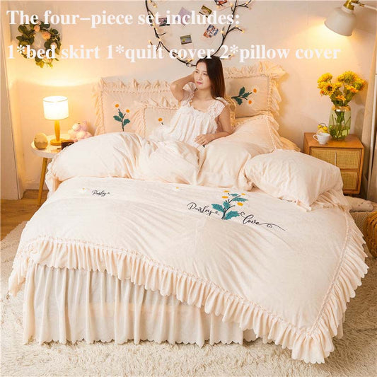 High-end Korean Version of Double-sided Milk Crystal Velvet Bed Skirt Four-piece Bed Duvet Cover Winter Thickening