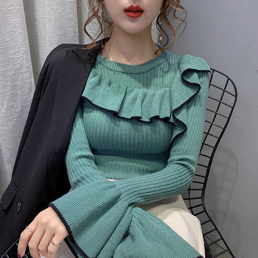 Ruffle Knit Bottoming Sweater Autumn and Winter Fashion Outer Blouse Thick Round Neck Jacket
