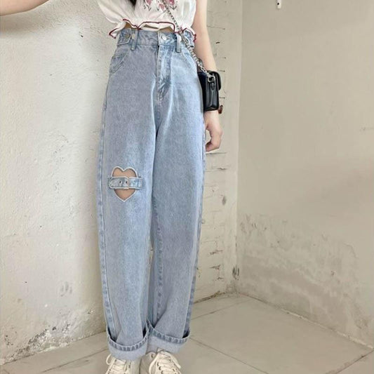 Broken Hole Jeans Female Spring and Autumn High Waist Loose Wide Leg Straight Pants Love