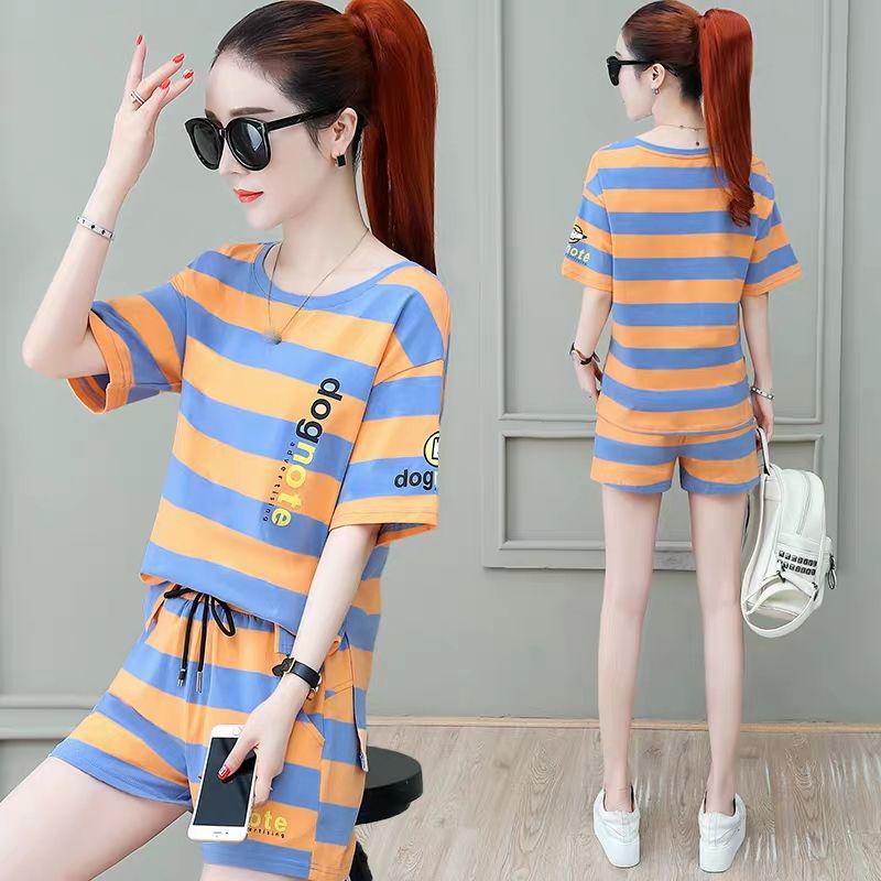 Cotton Striped Sports Suit Women Loose Round Neck Short Sleeve Tethered Shorts Two-piece Running Casual Wear Cute Home Wear Pajamas