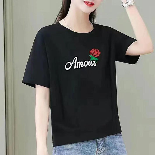 100% Cotton Pleated Short-sleeved Printed T-shirt Girls Summer Top Loose and Comfortable All-match Trendy Gown