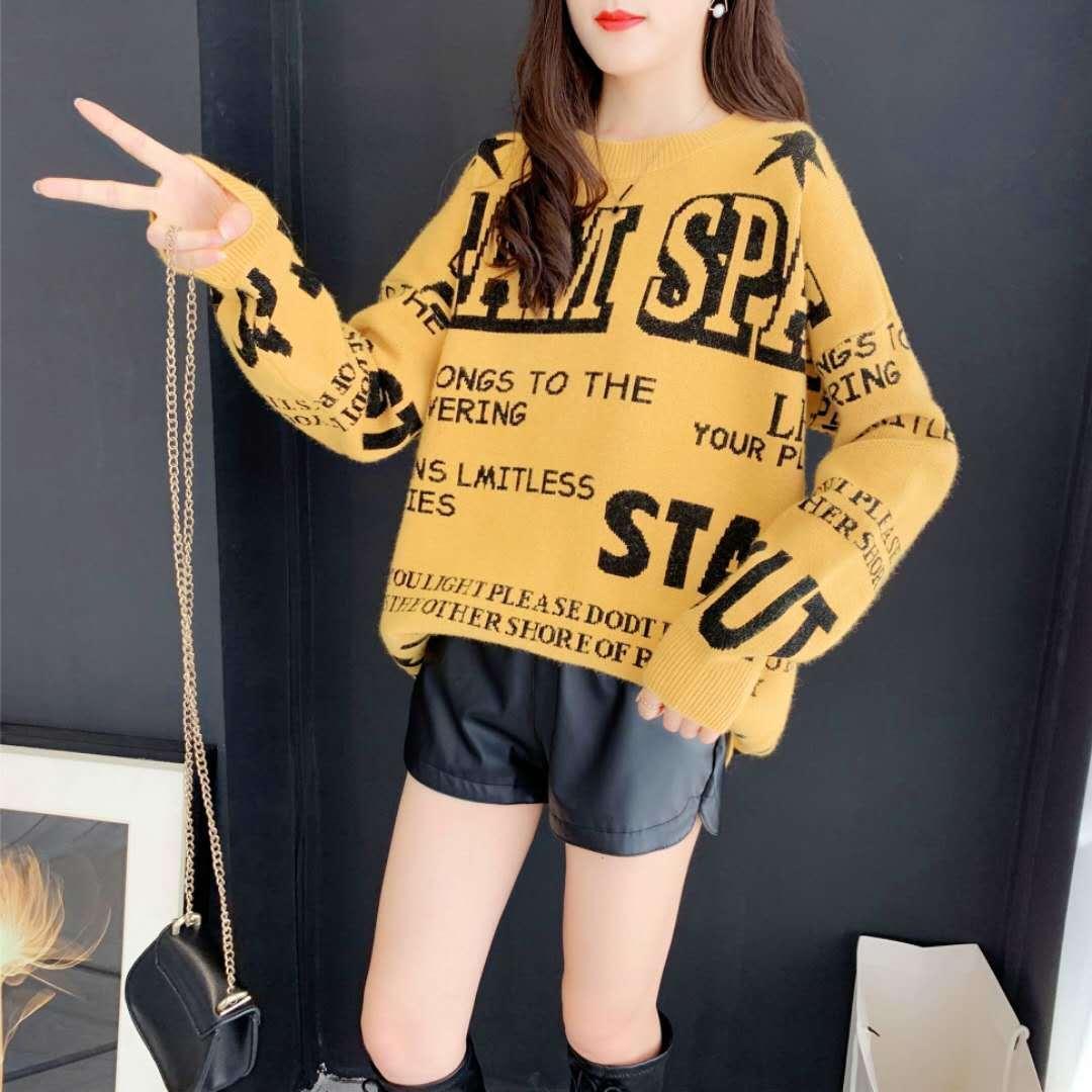 Autumn and Winter Loose Mid-length Round Neck Sweater Women Lazy Letter All-match Knitwear