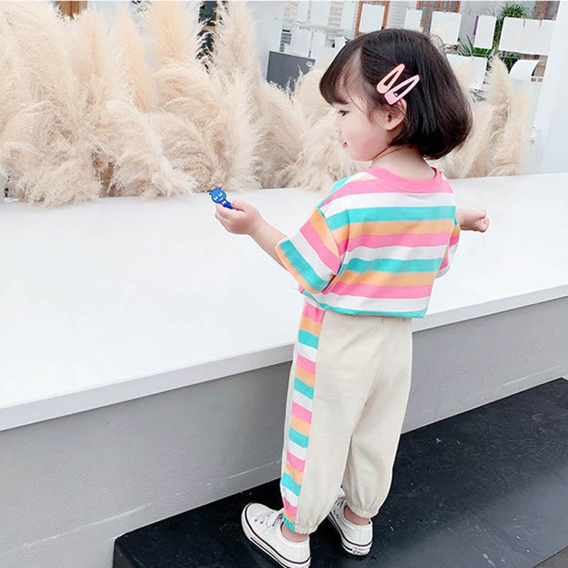 Girls Cute Striped Short Sleeve Casual Pants Suit Summer Baby Rainbow Print Breathable Comfortable Soft Two-piece Set