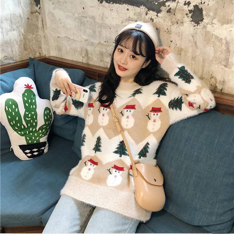 Woman Loose Long sleeve sweater Winter Round neck sweater Large size Christmas clothing sweater