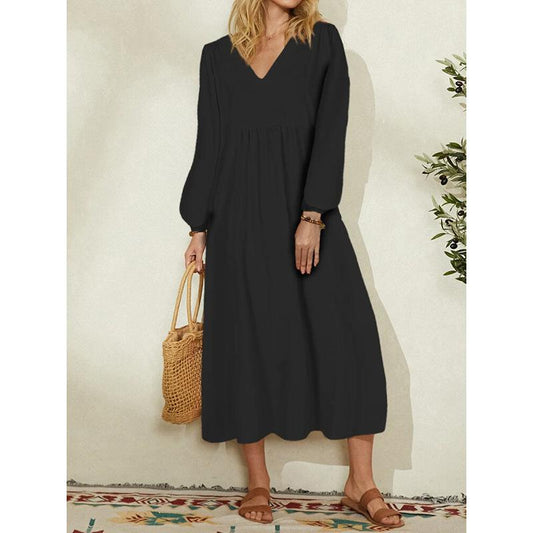 Spring Dress Women's Fashion Cotton Linen Loose Lantern Sleeve Dress