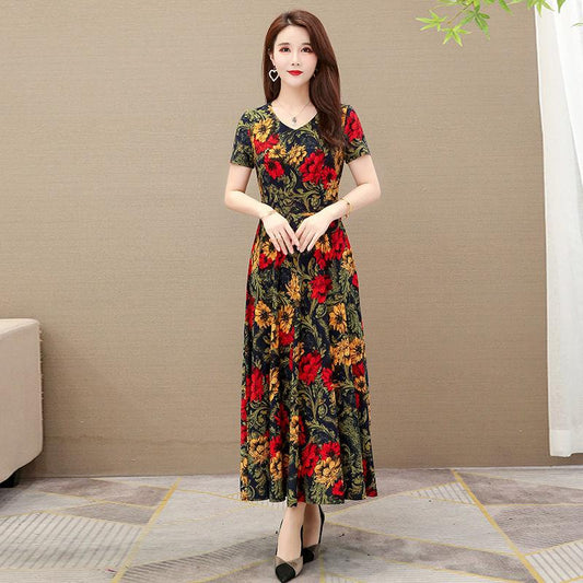 Summer Women's Short-sleeved Women's Dress V-neck Printed Long Dress Slim Fit Thin Large Swing Dress A-line Waist Dress Rice Fabric Is Soft and Light