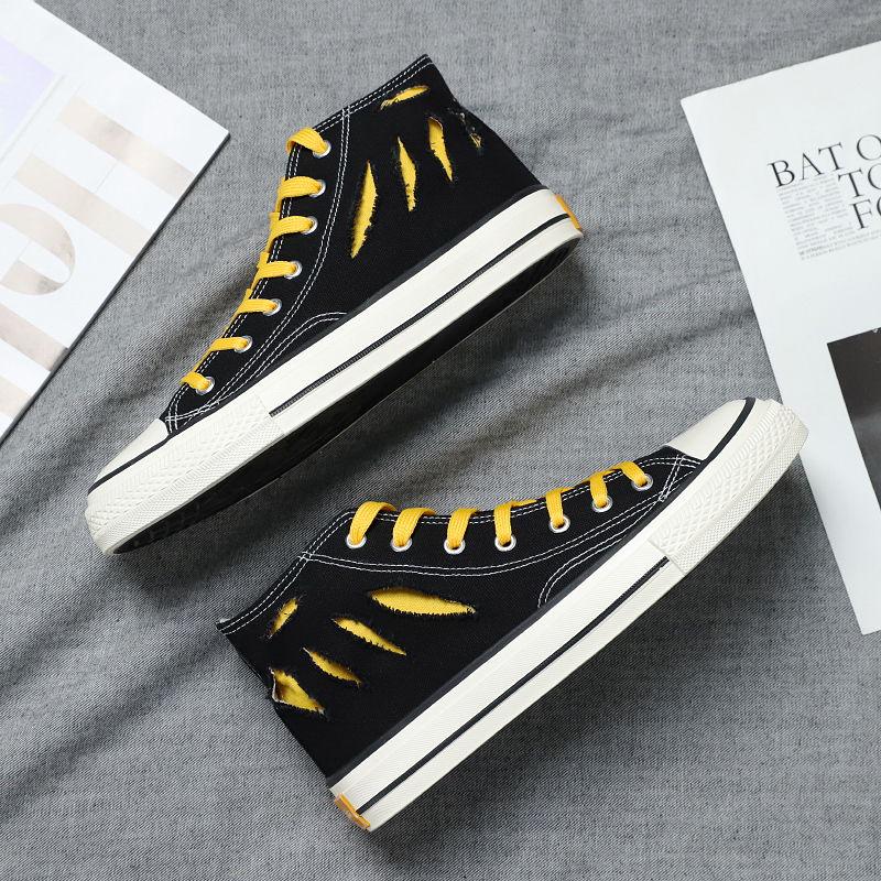 Spring Summer Men's Shoes Korean Version of The Trend of High-top Shoes Men's Casual Wild Shoes Cutout Distressed Canvas Shoes