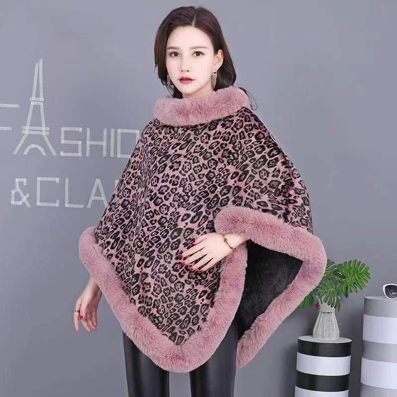 Women's Leopard Print Cape Shawl Autumn Winter Plus Velvet Thick Sleeveless Bat Blouse Jacket with Fur Collar Stand-up Collar Pullover Cloak Mantle