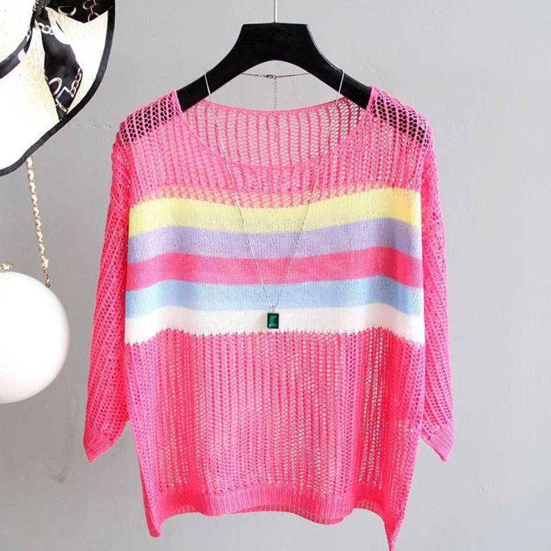 Cutout Knit Sun Blouse Loose Thin Top Women's Contrast Stripe Cutout Hollow Knit Sweater Women's Sexy See-through Dress