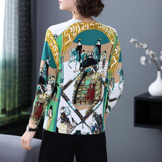 Autumn Winter Fashion Printed Pullover Knitted Sweater Vintage Middle-aged Women High-end Cashmere Sweater