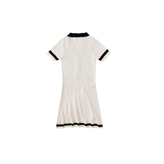 Female Simple and Elegant V-neck Splicing Knitted Dress Slim Gentle Short Sleeve Hip Wrap Short Holiday Dress